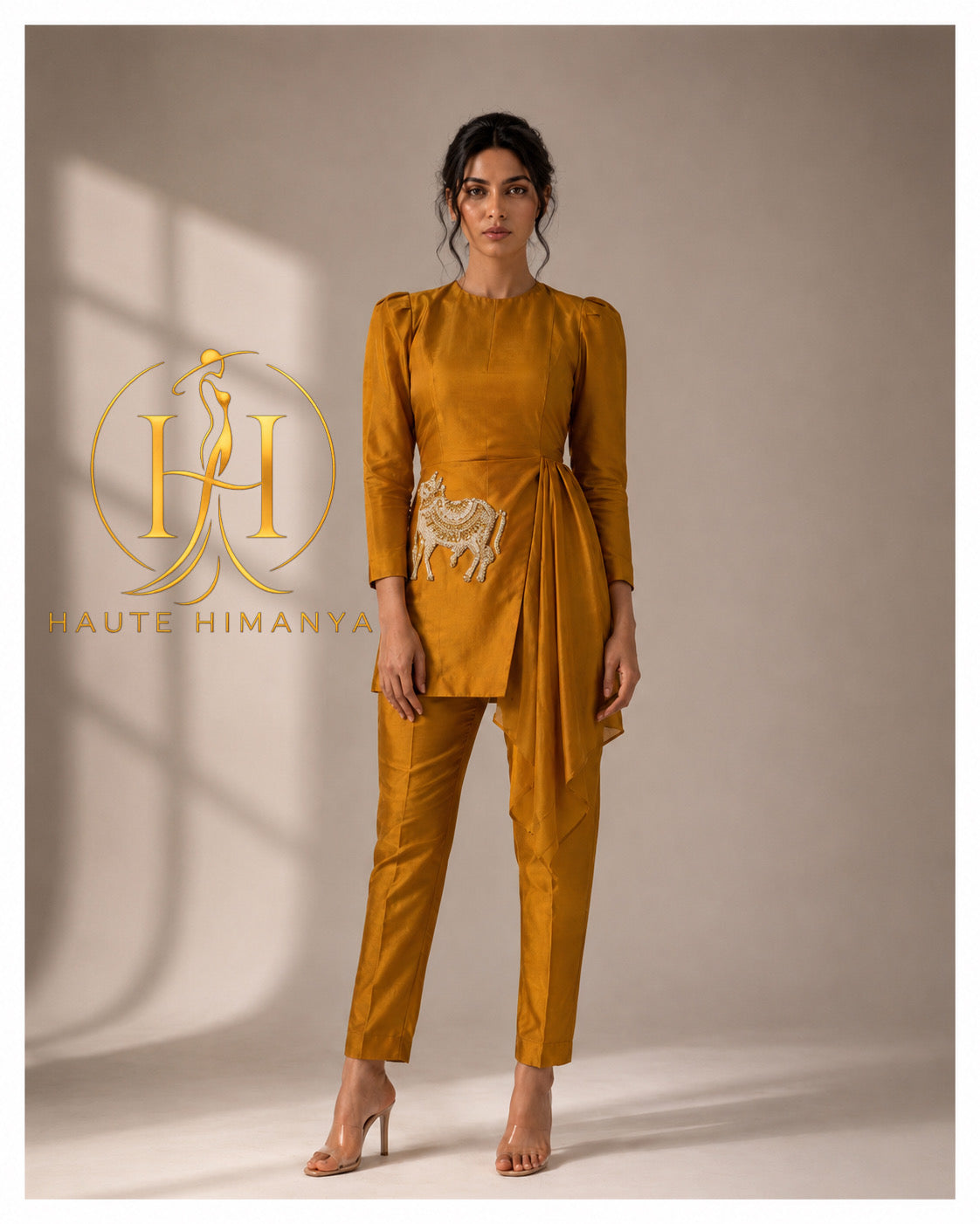 Mustard Gold Drape Co-Ord Set with Embellished Nandi Motif
